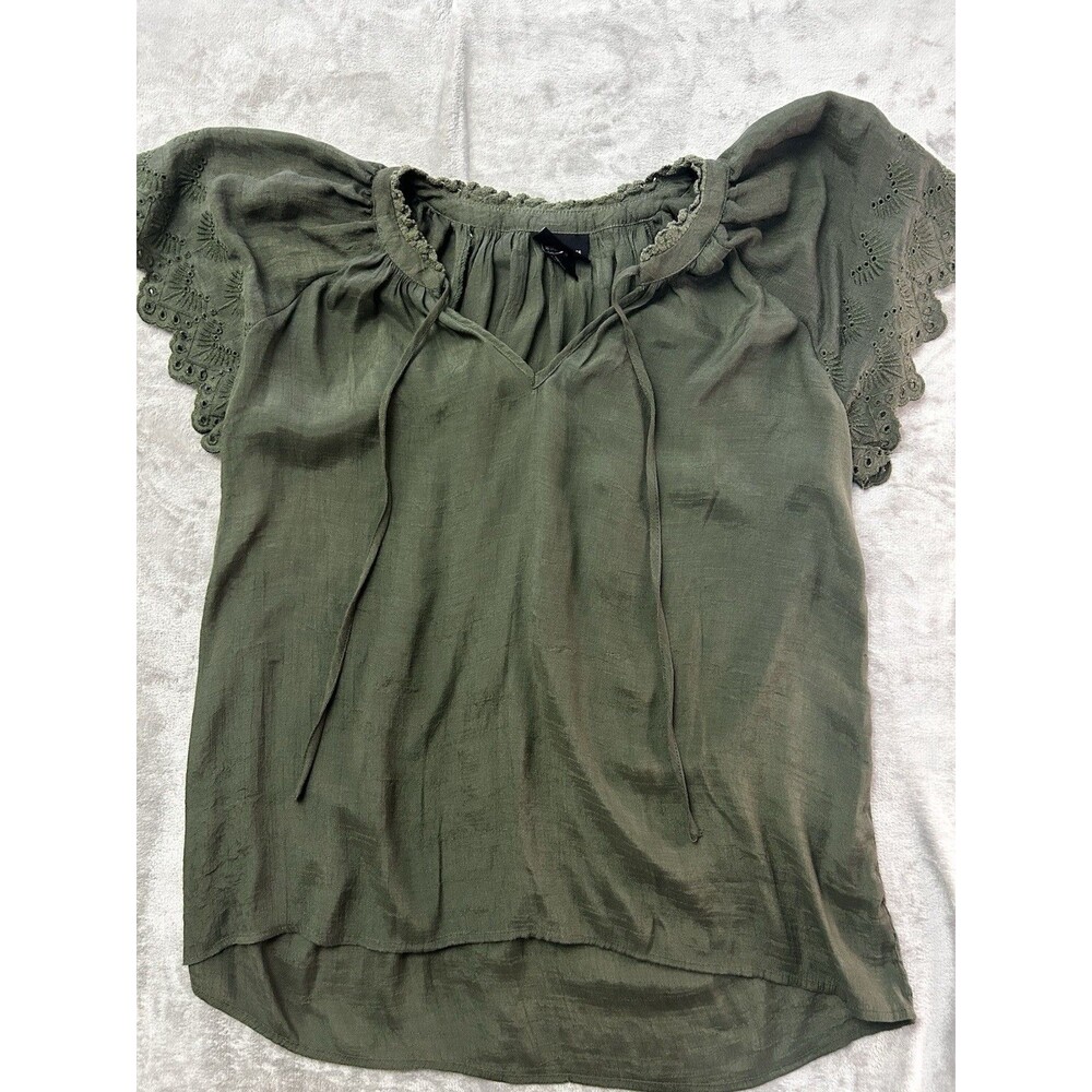 Liv Los Angeles Womens 1X Olive Green Peasant Blouse Eyelet Flutter Sleeve